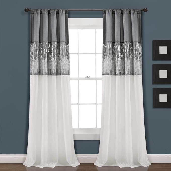 Lush Decor Night Sky Window Curtain Panel, Single 42"W x 95"L Gray & White - Sequin Backdrop Curtain - Room Darkening Curtains For Bedroom - Glam Decor