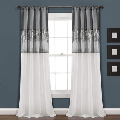 Lush Decor Night Sky Window Curtain Panel, Single 42"W x 95"L Gray & White - Sequin Backdrop Curtain - Room Darkening Curtains For Bedroom - Glam Decor