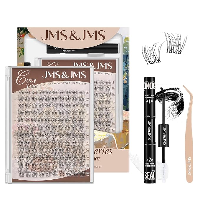 JMS&JMS Venus Lash Clusters Kit Natural Velour Eyelash Cluster for Beginner | Invisible Clear Band C-8-18MIX Flora Lash Kit with Lash Bond and Seal Tweezers, Velure False Eyelashes