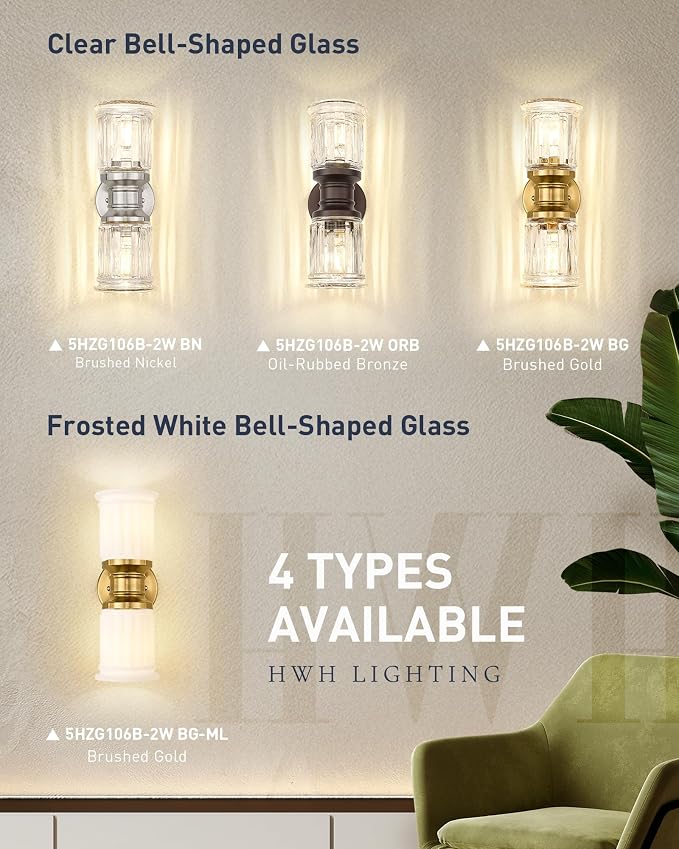 Rustic Wall Sconces, HWH Farmhouse Sconce Wall Lighting in Oil-Rubbed Bronze Finish, 2-Light Indoor Up Down Wall Light for Bathroom, Bell-Shaped Clear Glass, 5HZG106B-2W ORB