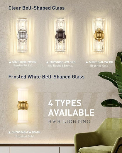 Rustic Wall Sconces, HWH Farmhouse Sconce Wall Lighting in Oil-Rubbed Bronze Finish, 2-Light Indoor Up Down Wall Light for Bathroom, Bell-Shaped Clear Glass, 5HZG106B-2W ORB
