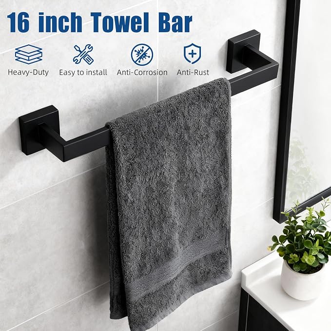 7-Piece Matte Black Bathroom Accessories Hardware Set, Stainless Steel 16" Towel Bar, Towel Ring, Toilet Paper Holder with Shelf, 4 Towel Hooks, Wall Mounted for Bathroom, Kitchen, Hotel