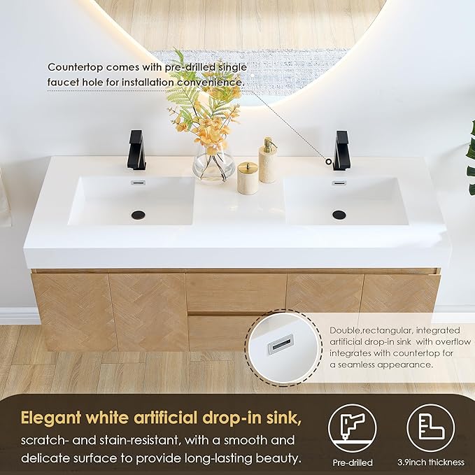 60 Inch Floating Sink Bathroom Vanity Wall Mount Double Vanities Overflow Mordern Large Storge Cabinet with Ceramic Countertop Double Soft Closing Drawers Pre-Assembled
