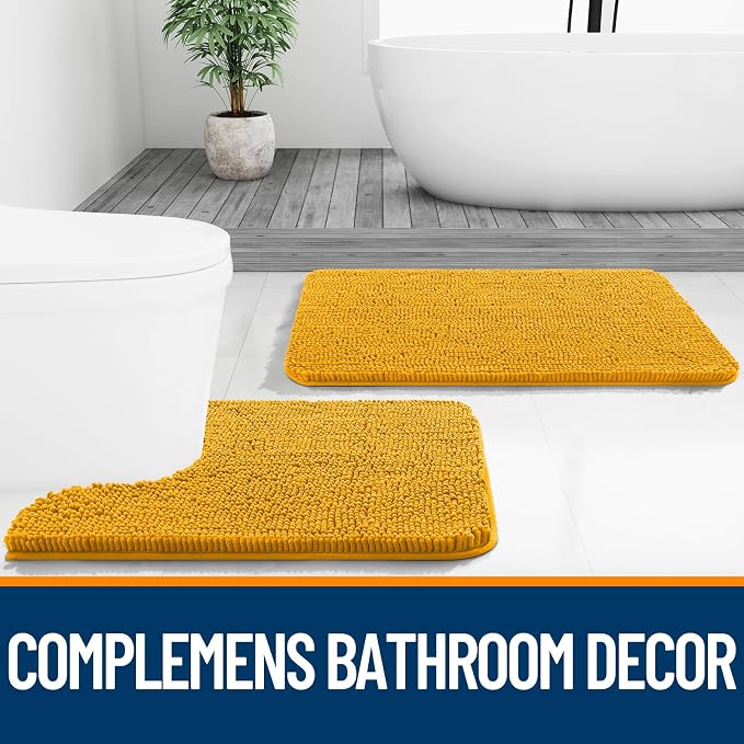 OLANLY Bathroom Rugs 36x24, Extra Soft Absorbent Chenille Bath Rugs | Golden Yellow, Quick-Drying Rubber Backing, Washable Bath Mat for Bathroom Floor, Tub and Shower, Home Decor Accessories