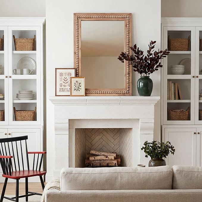 H HOMEWINS Rustic Rectangle Mirror,24x36 Wooden Farmhouse Mirrors,Boho Bathroom Wall-Mounted Nature Beads Decor Mirror for Bedroom, Living Room,Vanity,Entryway,Over Sink