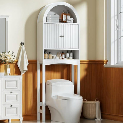 Spurgehom Arch Over The Toilet Storage Cabinet, Bathroom Organizer (White) | Freestanding Bathroom Shelf Equipped with Anti-Tipping Device, Space-Saving Vertical Toiletries Storage Cabinet