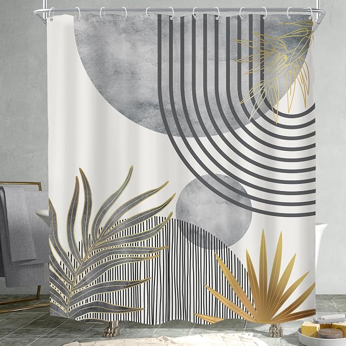 Mid Century Boho Abstract Gray Modern Gold Bathroom Shower Curtain Set | 60Wx72H Sun Arch design, waterproof HD print with fast-drying fabric and 12 hooks.