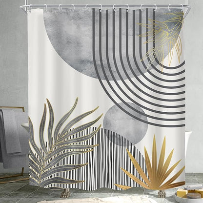 Mid Century Boho Abstract Gray Modern Gold Bathroom Shower Curtain Set | 60Wx72H Sun Arch design, waterproof HD print with fast-drying fabric and 12 hooks.