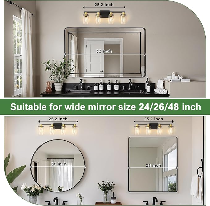 DORESshop 4-Light Black and Gold Bathroom Light Fixture with 4 Bulbs | Modern Vanity Mirror Light, Black Gold Vanity Light Fixture With Glass Shade and Bulbs, Wall Sconce for Bedroom Hallway