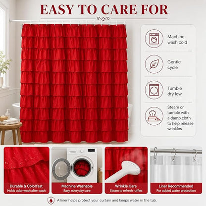 Red Ruffle Shower Curtain for Bathroom, 72x84, Christmas Bathroom Decor | Rich Red Ruffles, 84in, 12 Hooks Included, Machine Washable, Solid Soft Microfiber Fabric, Boho Textured Style,Holiday Accent