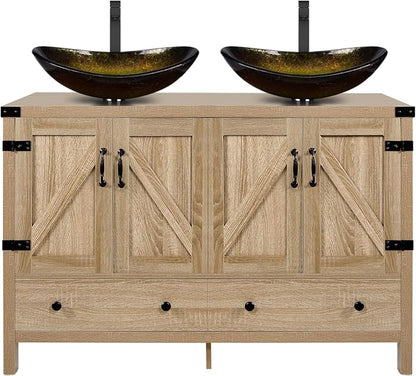 48 inch Natural Color Bathroom Vanity, Rustic Fixture Standing Pedestal Cabinet with Two Gold Boat Vessel Sinks