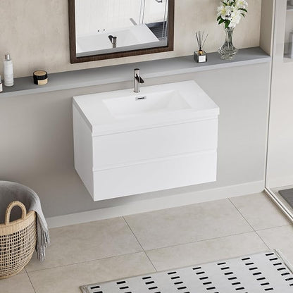 KEIKI 36'' Wall-Mounted Bathroom Vanity with Sink - Floating Design, 2 Soft-Close Drawers & Resin Basin, Space-Saving for Small Bathrooms, Glossy White