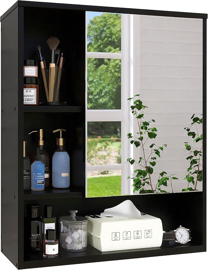 SMIBUY Bathroom Mirror Cabinet Wall Mounted, Bamboo Space Saver Medicine Cabinet, Wall Hanging Over Toilet Storage Cabinet with Mirror Door and Adjustable Shelf (Black)