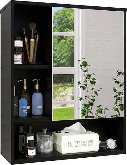 SMIBUY Bathroom Mirror Cabinet Wall Mounted, Bamboo Space Saver Medicine Cabinet, Wall Hanging Over Toilet Storage Cabinet with Mirror Door and Adjustable Shelf (Black)