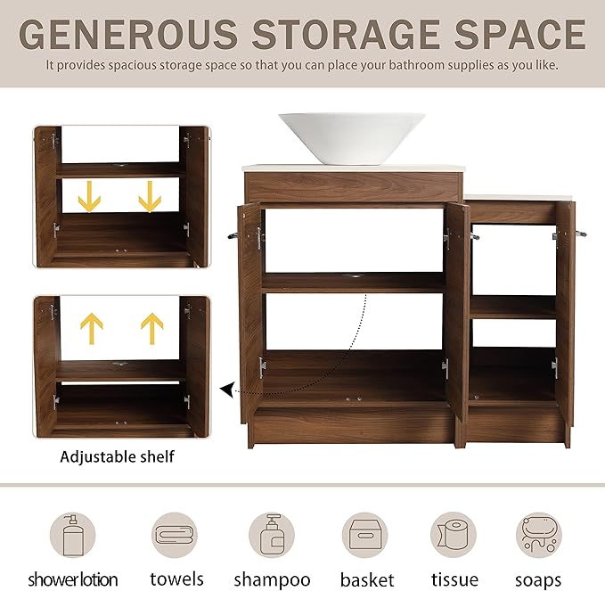 36" Bathroom Vanity, 36 Inch Freestanding Vanity with Vessel Sink, Modern Single Sink Bathroom Vanity Combo, Brown Floor Standing Large Storage Cabinet Set with Soft-Closing Design(BRE217, 36 * 18)