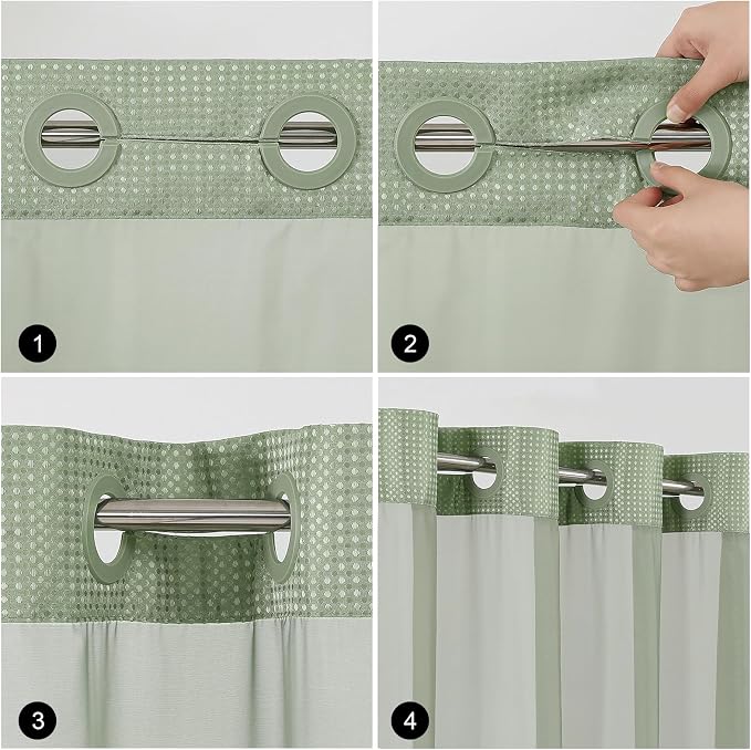 Colorful Star Sage Green No Hook Waffle Shower Curtain Set, 36 x 75 Inch | Waterproof Shower Curtain with Snap in Fabric Liner and Mesh Top Window, Hotel Style Heavy Duty Thick Bathroom Curtain