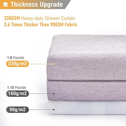 72x78 Linen Textured Waterproof Fabric Shower Curtain Set, Lavender | Long Size, 230GSM Polyester, Heavy Duty Cloth, Weighted Hem, 12 Plastic Hooks, Modern Luxury Hotel Style, Machine Washable