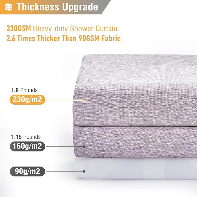 72x80 Linen Textured Waterproof Fabric Shower Curtain Set, Lavender | Long Size, 230GSM Polyester, Heavy Duty Cloth, Weighted Hem, 12 Plastic Hooks, Modern Luxury Hotel Style, Machine Washable