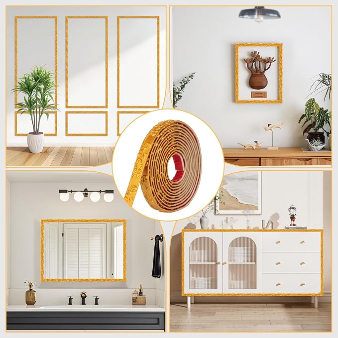 16.4FT x 1.02'' Gold Crown Molding Trim Peel and Stick – Flexible Decorative Mirror Frame Border, Self-Adhesive Trim for Doors & Cabinets