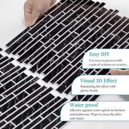 Alwayspon 10 Sheets 12" x12inch Black Marble Effect Vinyl Tiles, Backsplash, Self-Adhesive Peel and Stick Wall Tile Stickers, Stick on Subway Tiles for Kitchen Bathroom Wall Decor