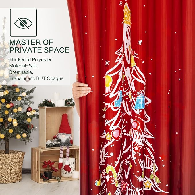 Shower Curtain Christmas, Holiday Shower Curtain Red Christmas Tree Candy Cane Stocking Jingle Bells Bulb Winter ShowerCurtain Waterproof Fabric Machine Washable Home Farmhouse Decor Bath Curtains
