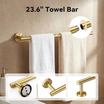 Gold 5-Piece Bathroom Hardware Set, 23.6 Inch Towel Bar Set SUS304 Stainless Steel Towel Racks for Bathroom Round Towel Bar, Towel Ring, Toilet Paper Holder, 2 Robe Hooks, Wall Mounted