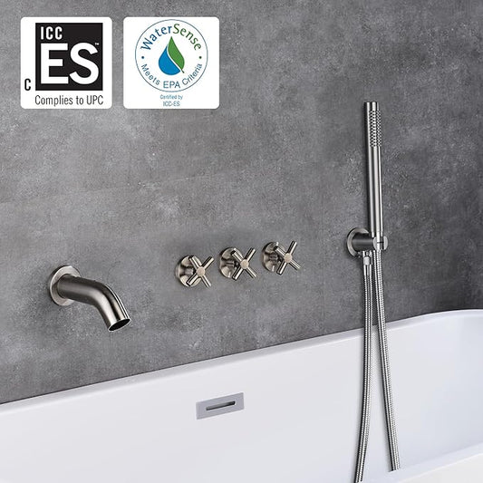 sumerain 3 Handle Wall Mount Tub Faucet with Sprayer, High Flow Waterfall Bathtub Faucet Brushed Nickel