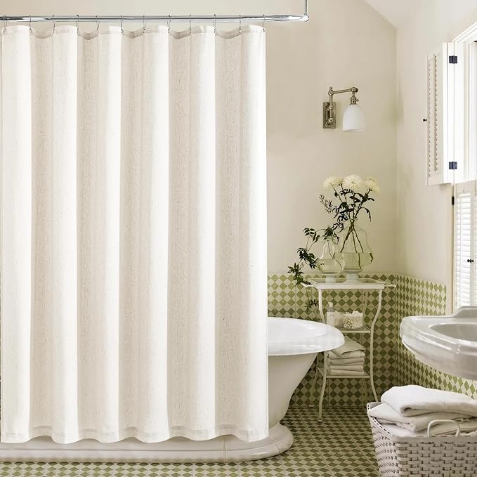 Cream Linen Shower Curtain for Bathroom Water Repellent 72x96 Inch | Extra Long Shower Curtains, Boho Farmhouse Natural, Ivory, Extra Tall Drapes, 72x96 Inches Long, with Hooks, 8 Ft
