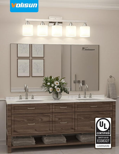 VOLISUN Brushed Nickel 5-Light Bathroom Vanity Light Fixtures Over Mirror | Modern Vanity Light for Bathrooms, Milky White Frosted Glass Shades