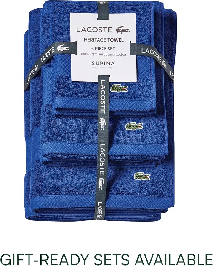 Lacoste Heritage 100% Supima Cotton Hand Towel, Surf Blue, 16" x 30" – Highly Absorbent & Quick Drying, Premium Super Soft Bath Towel, Bathroom Essential, Gift for All Occasions, Machine Washable