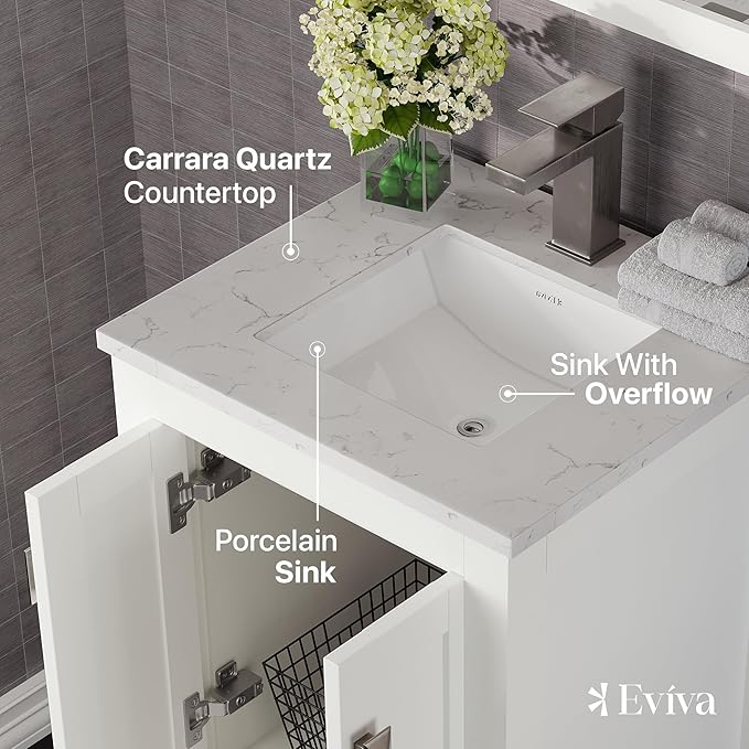 Eviva London 20" x 18" White Bathroom Vanity with White Carrara Quartz Top