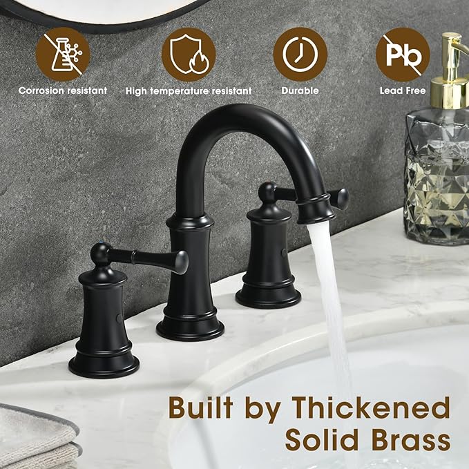 Black Bathroom Faucet, 8 Inch Bathroom Sink Faucet with Pop-up Drain Assembly, Widespread Bathroom Faucet with cUPC Supply Lines for Vanity, Lavatory RV Farmhouse Sink(L2304-BK)