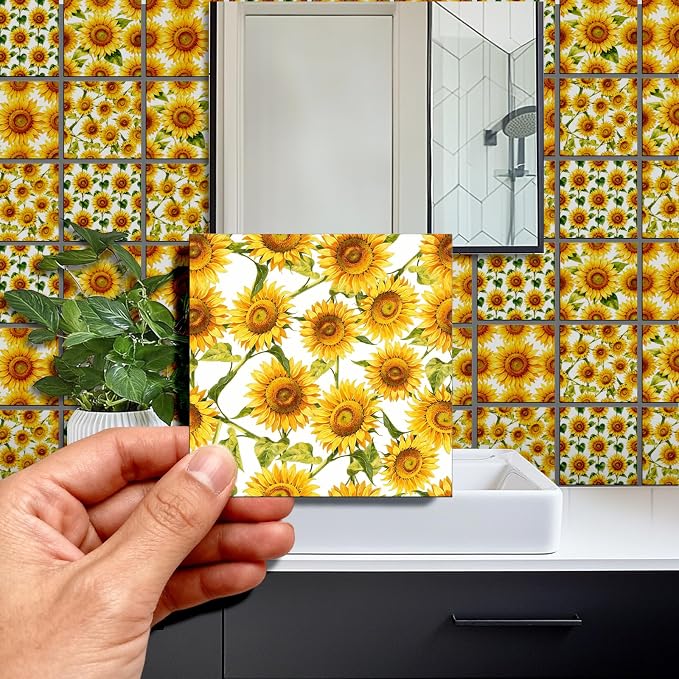 36pcs 4 Styles Sunflower Tile Stickers Yellow Pattern Waterproof PVC Tile Decals for Kitchen Bathroom 4x4 inch