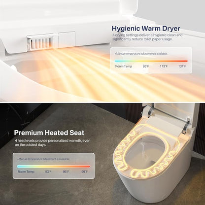 One Piece Smart Bidet Toilet, Foot Sensor Flush, Wash & Dry, White | Off Seat Auto Flush, Heated Seat, Instant Warm Water, Self Cleaning Wand, Adjustable Wash Settings, Pre Wet, Night Light