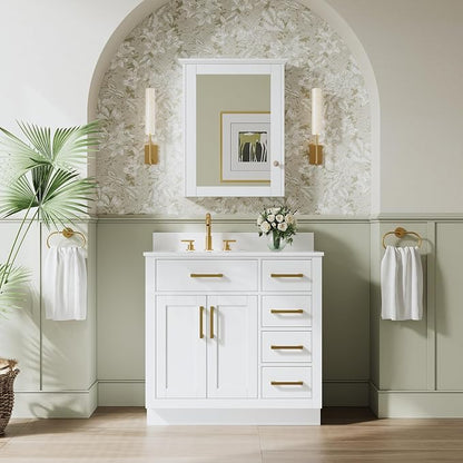 36-Inch Bathroom Vanity with Sink W/ 2 Doors & 4 Drawers & 1 Flip Drawer, White Vanity W/Brushed Gold Handles