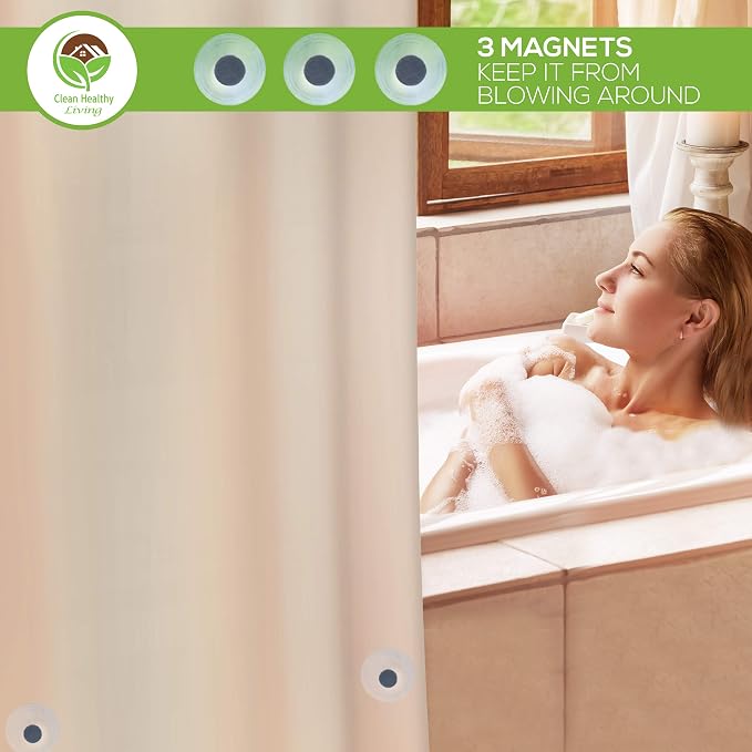 Clean Healthy Living PEVA Shower Curtain Liner, Taupe, 70 x 71 in, Premium | Premium PEVA shower liner, Tan, 70 x 71 in; magnets and suction cups help reduce shifting along the tub or shower.