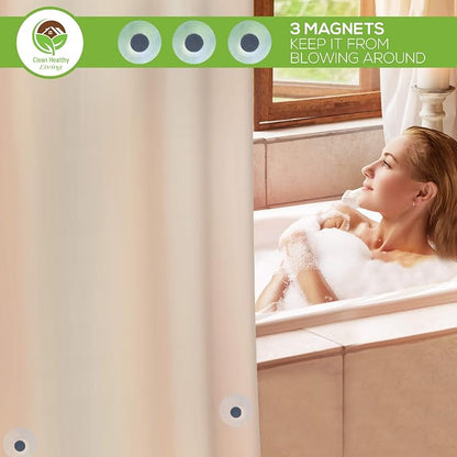 Clean Healthy Living PEVA Shower Curtain Liner, Taupe, 70 x 71 in, Premium | Premium PEVA shower liner, Tan, 70 x 71 in; magnets and suction cups help reduce shifting along the tub or shower.