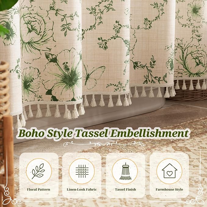 Vintage Green Floral Shower Curtain with 12 Clear Rings - 72" W x 84" L | Farmhouse Fabric Faux Linen Shower Curtain Set, French Country Cottagecore Style Shower Curtain for Bathroom