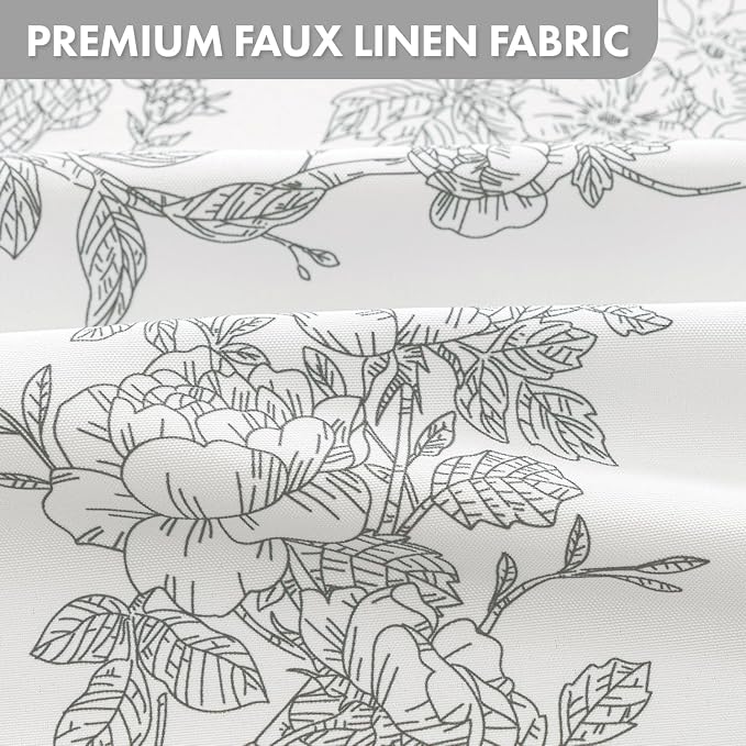 Extra Long Grey Floral Shower Curtain W72*L84 Inches Long | Linen Textured Fabric, 12 Rustproof Metal Hooks, Wrinkle Resistant Cloth, Machine Washable, Bathroom Decor for Cottage Core