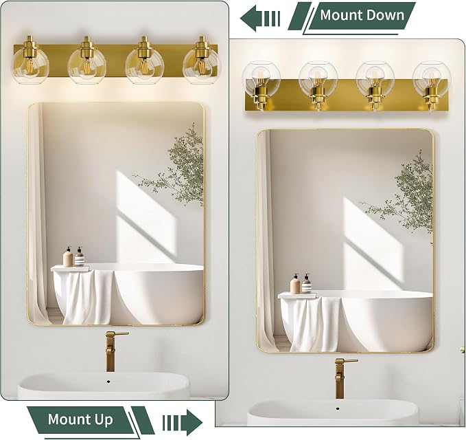 4 Light Bathroom Light Fixtures-Brushed Gold Bathroom Vanity Lights, Modern Vanity Lights 4-Light Bathroom Lighting Fixtures Over Mirror with Clear Glass Globe Shade