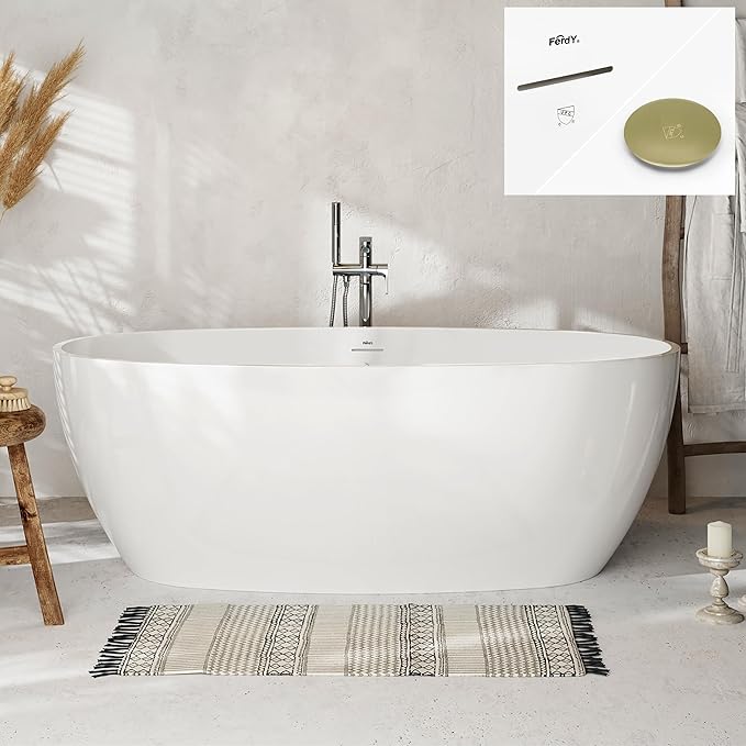 FerdY Tahiti 67" Freestanding Bathtub Elegant Oval Shape, Glossy White Double Walled Insulation bathtub with Center Brushed Gold Drain & Minimalist Linear Design Overflow, cUPC Certified