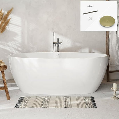 FerdY Tahiti 67" Freestanding Bathtub Elegant Oval Shape, Glossy White Double Walled Insulation bathtub with Center Brushed Gold Drain & Minimalist Linear Design Overflow, cUPC Certified