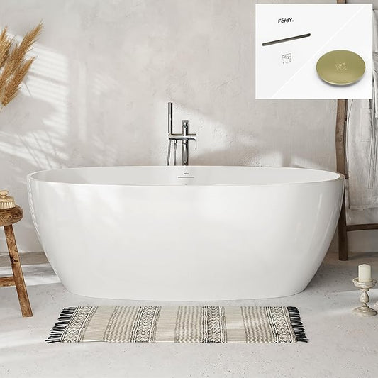 FerdY Tahiti 67" Freestanding Bathtub Elegant Oval Shape, Glossy White Double Walled Insulation bathtub with Center Brushed Gold Drain & Minimalist Linear Design Overflow, cUPC Certified