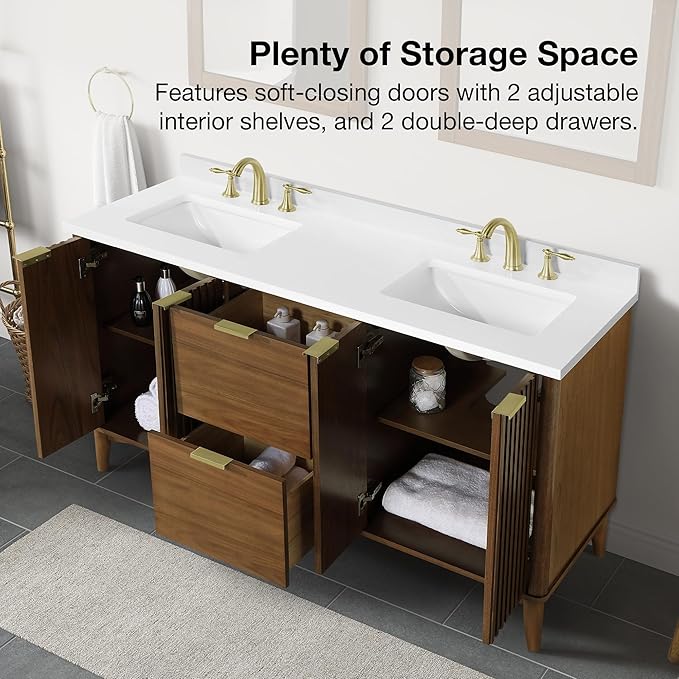 OVE Decors Indy 60 in. Undermount Double Sink Bathroom Vanity with White Engineered Marble Top, Warm Walnut