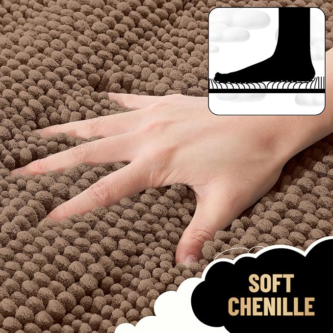 OLANLY Thick Bathroom Rugs 36x24, Soft Chenille Striped Bath Rugs, Mocha | Rubber Backing, Machine Wash, Extra Absorbent Bath Mats for Bathroom Floor, Tub and Shower, Home Decor Accessories