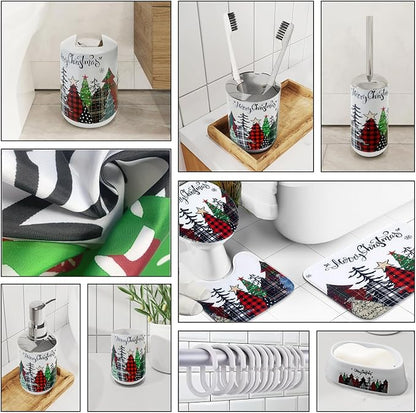 Clara Clark Bathroom Set - Christmas Bathroom Sets with Shower Curtain and Rugs, Xmas Bathroom Accessories Set, 22PC Christmas Shower Curtain Set with Liner, Soap Dispenser, Toilet Brush, & Trash Can