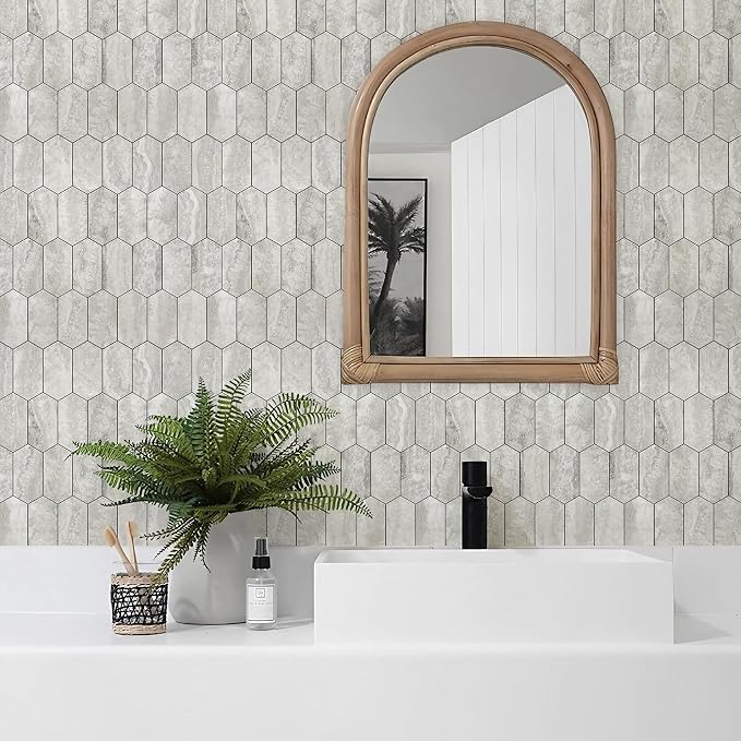 Vamos Tile Long Hexagon Peel and Stick Backsplash Tile - 10 Sheets Stick on Backsplash for Kitchen and Bathroom 12.4 x 12 Inch Beige Slate Look PVC Self Adhesive Mosaic Wall Tiles