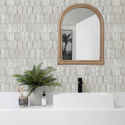 Vamos Tile Long Hexagon Peel and Stick Backsplash Tile - 10 Sheets Stick on Backsplash for Kitchen and Bathroom 12.4 x 12 Inch Beige Slate Look PVC Self Adhesive Mosaic Wall Tiles