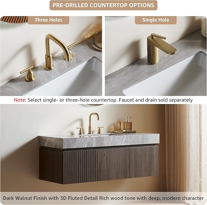 48” Floating Bathroom Vanity with Sink, Wall-Mounted Cabinet with Drawer & Doors, Gray Travertine-Pattern Sintered Stone Top, Undermount Basin, 3 Faucet Hole, Soft-Close, Pre-Assembled, Dark Oak
