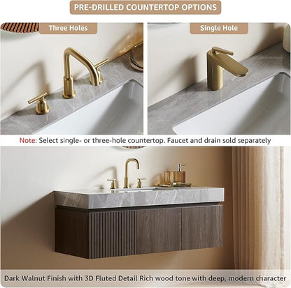 48” Floating Bathroom Vanity with Sink, Wall-Mounted Cabinet with Drawer & Doors, Gray Travertine-Pattern Sintered Stone Top, Undermount Basin, 3 Faucet Hole, Soft-Close, Pre-Assembled, Dark Oak